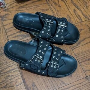 Forever 21 Buckled Denim Dual Strap Sandals - 10